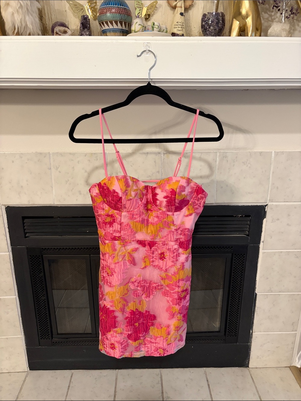 Floral Pink Bustier Mini Dress with Spaghetti Straps